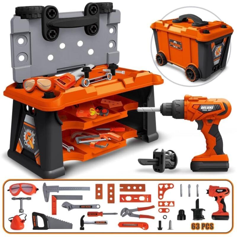 Kids Tool Set, 63 Piece Toddler Tool Set with Tool Box & Electric Toy Drill, Pretend Play Tools Construction Tool Set for Kids,